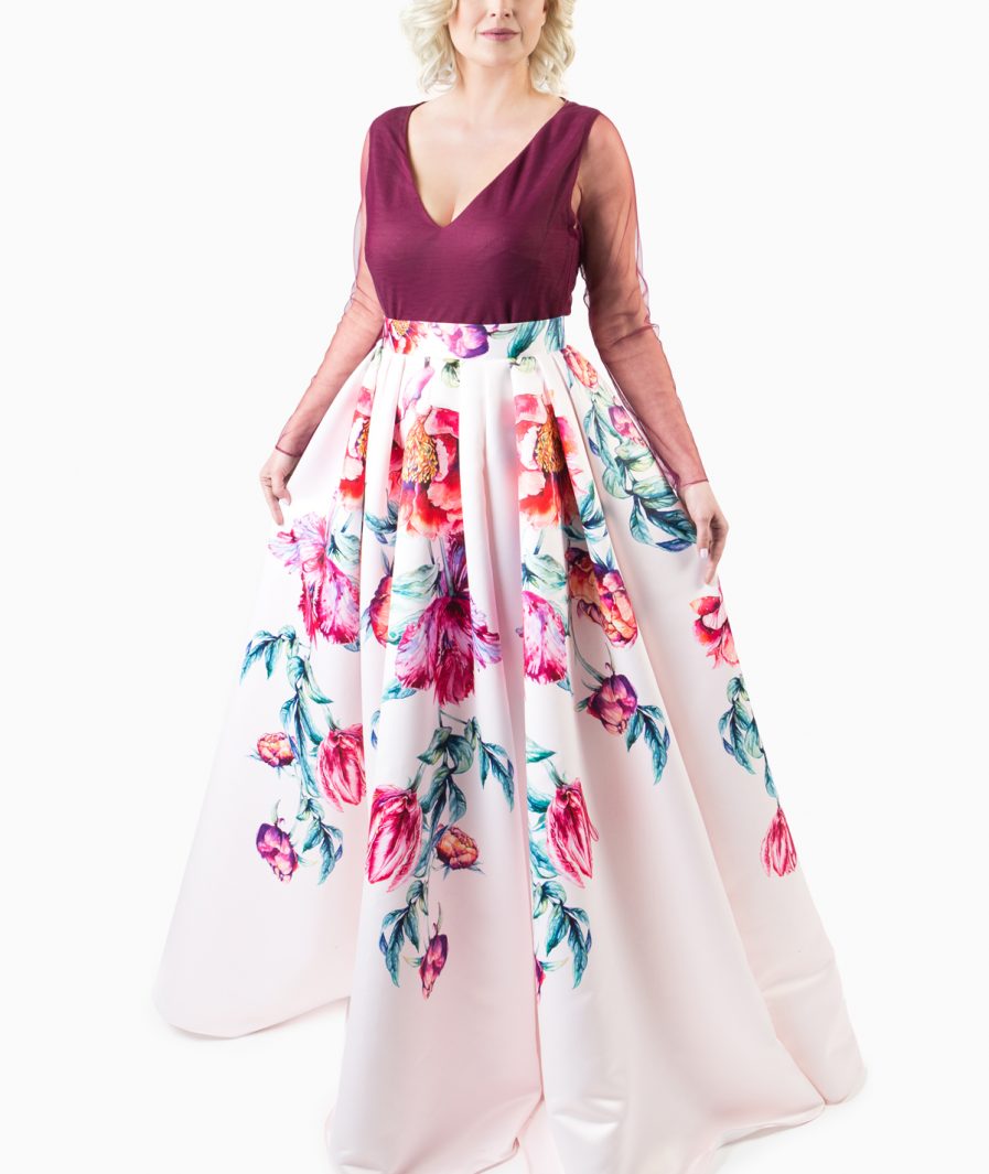Sinestezic | Romanian fashion designer | Scented Dream evening dress with floral print | Unique evening dress | Personalized evening dress | Personalized maxi evening dress | Unique maxi evening dress