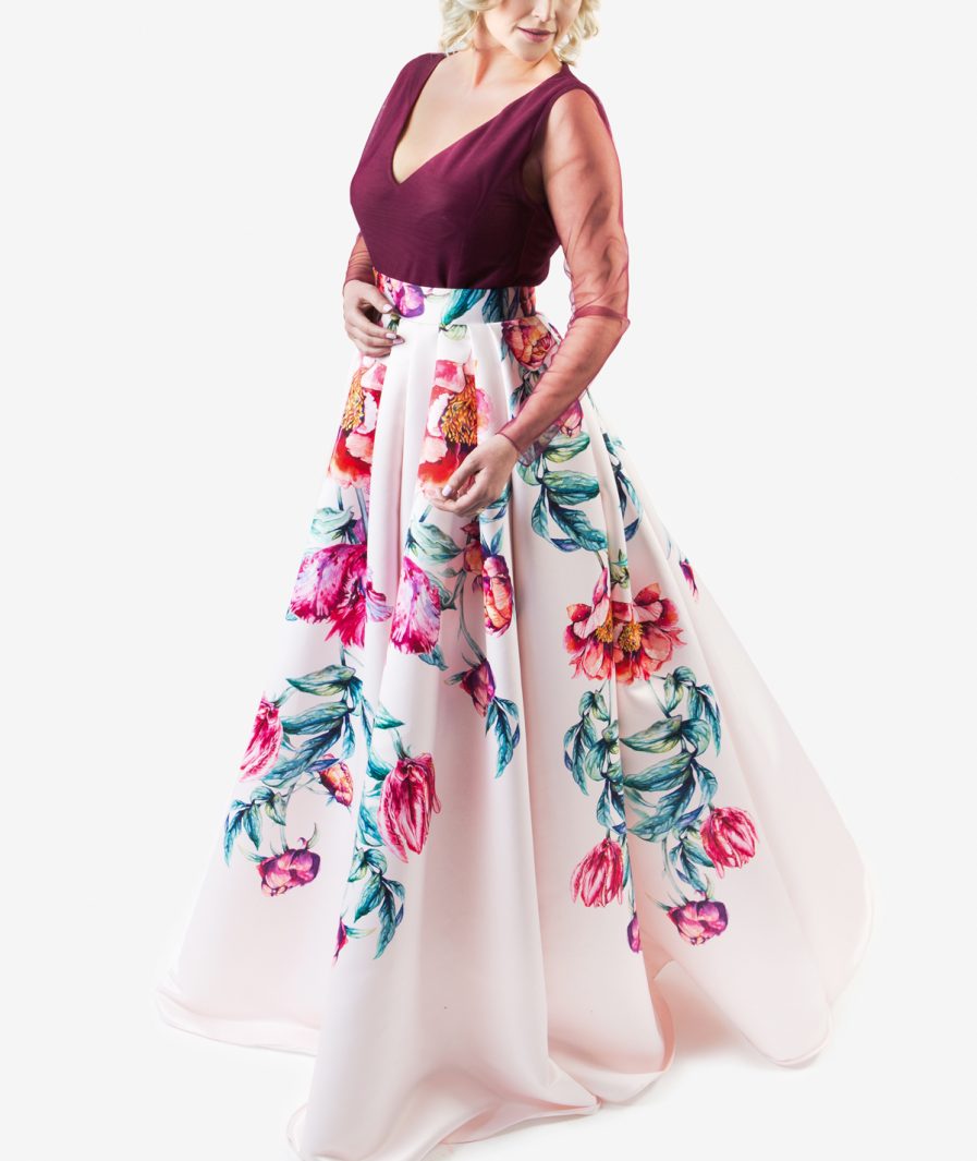 Sinestezic | Romanian fashion designer | Scented Dream evening dress with floral print | Unique evening dress | Personalized evening dress | Personalized maxi evening dress | Unique maxi evening dress