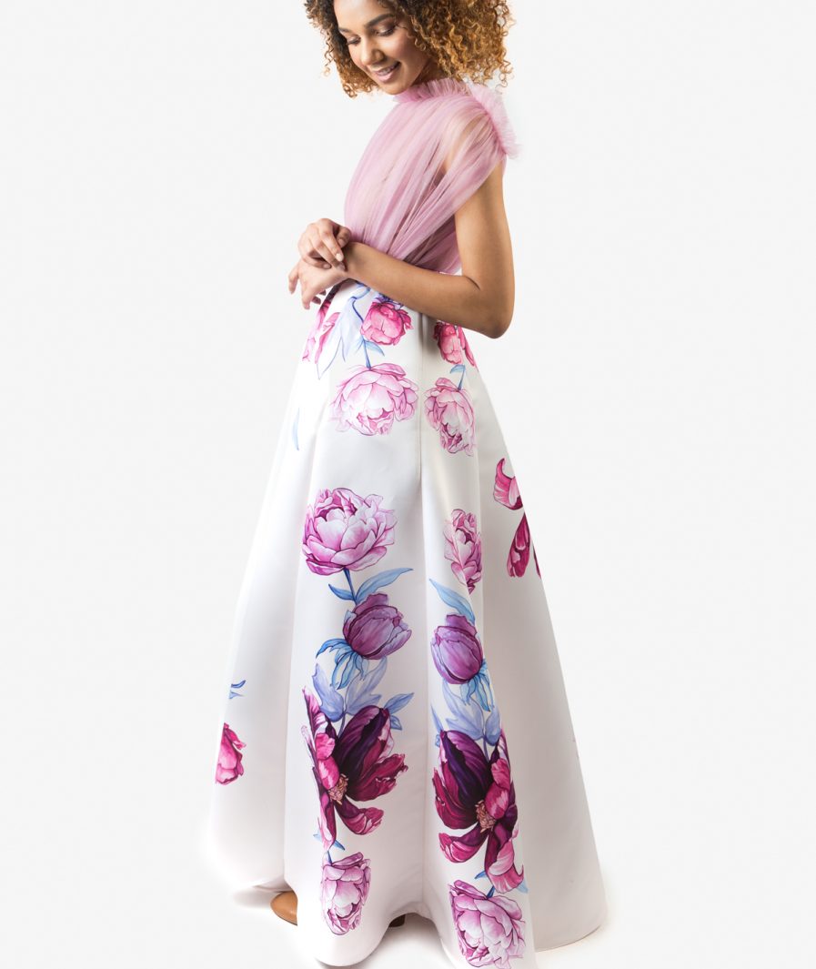 Sinestezic | Romanian fashion designer | Serenity evening dress with floral print | Unique evening dress | Personalized evening dress | Personalized maxi evening dress | Unique maxi evening dress