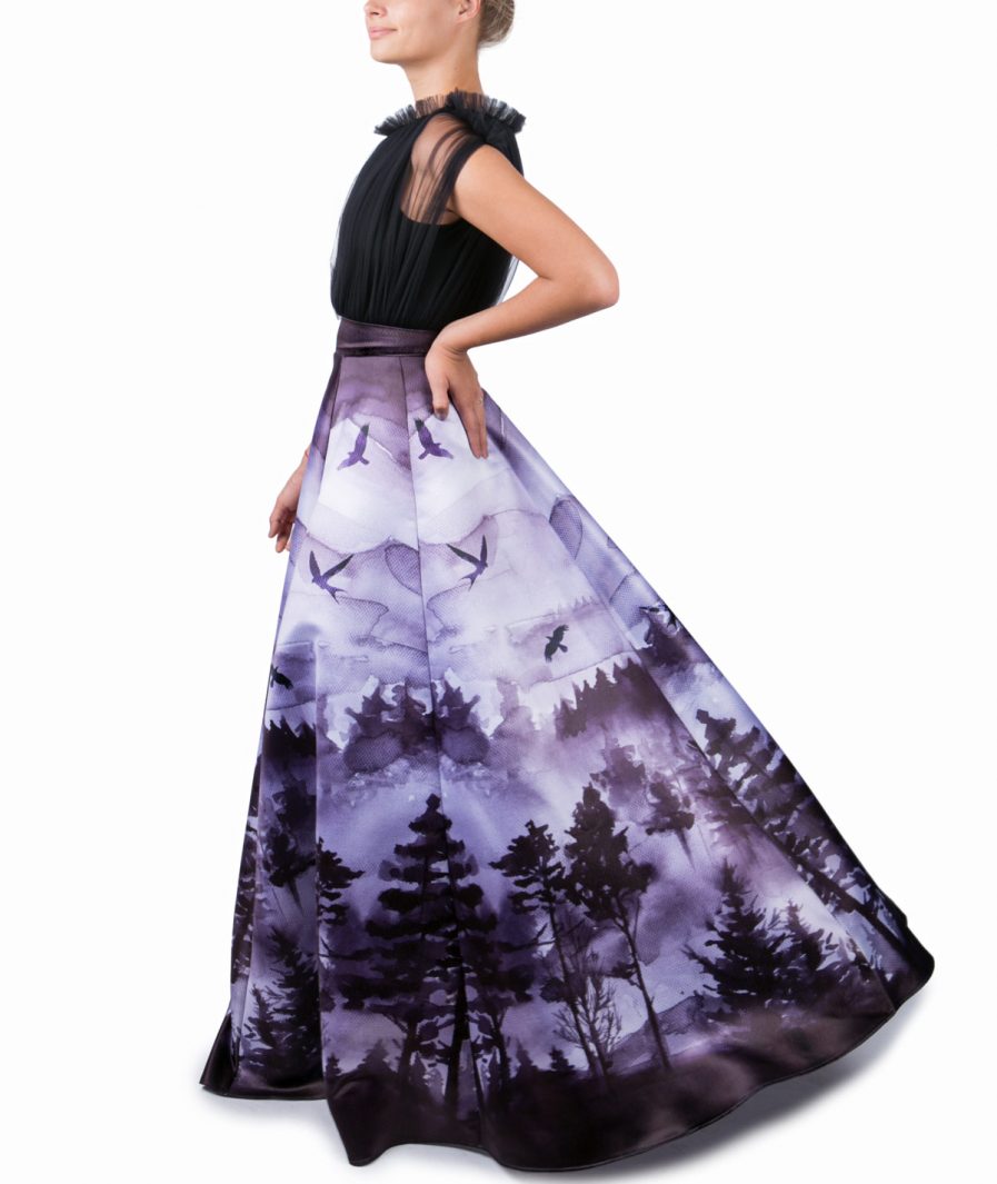 Sinestezic | Romanian Designer | Fashion Brand | Black Forest Maxi Evening Dress | Printed evening dress | Elegant printed long dress with forest landscape | Elegant printed maxi dress forest landscape
