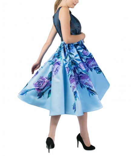 Sinestezic | Romanian Designer | Fashion Brand | Blue Bouquet Midi Day Dress | Blue floral printed cocktail dress | Blue elegant printed midi dress with floral print
