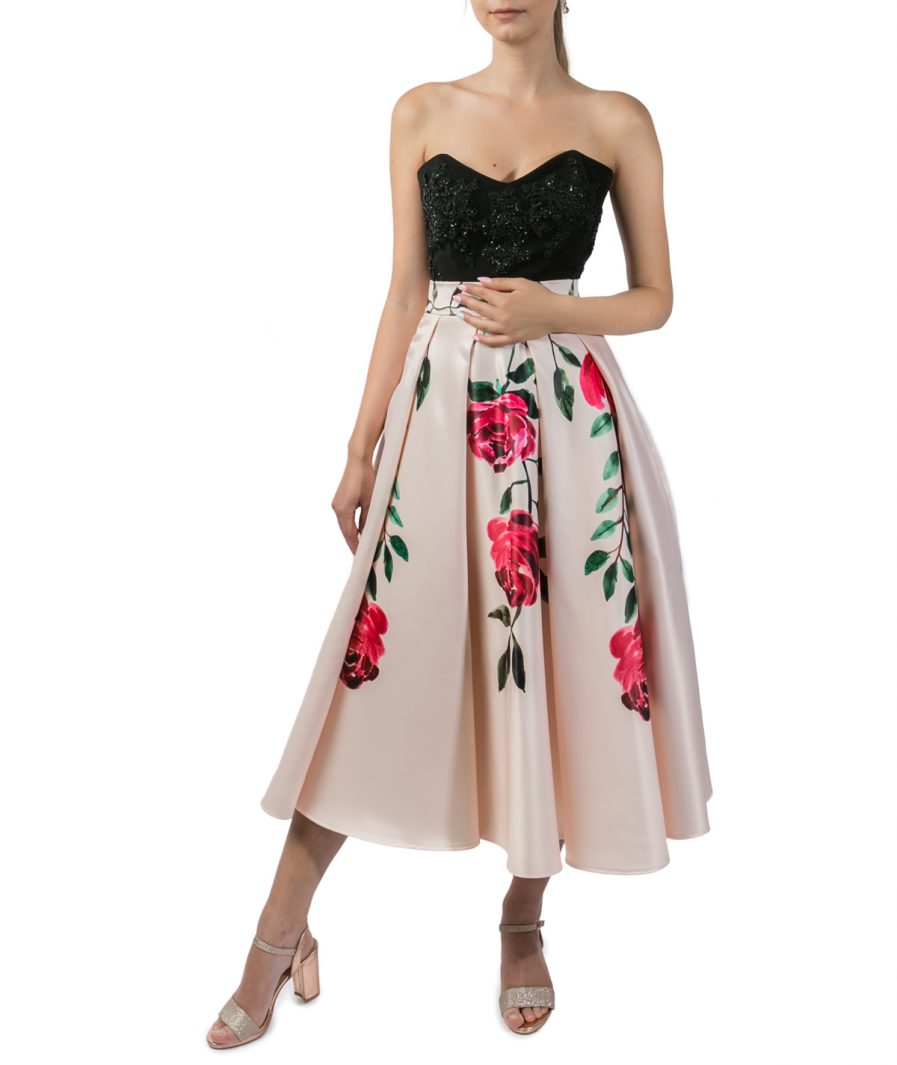 Sinestezic | Romanian Designer | Fashion Brand | Rose Midi Cocktail Skirt | Nude floral printed cocktail skirt | Casual skirt | Nude elegant printed midi skirt with floral print