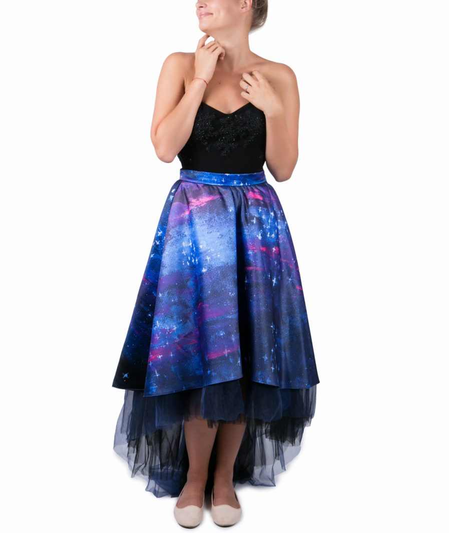 Sinestezic | Romanian Designer | Fashion Brand | Night Stars Asymmetrical Evening Skirt | Printed evening skirt | Elegant printed asymmetrical skirt