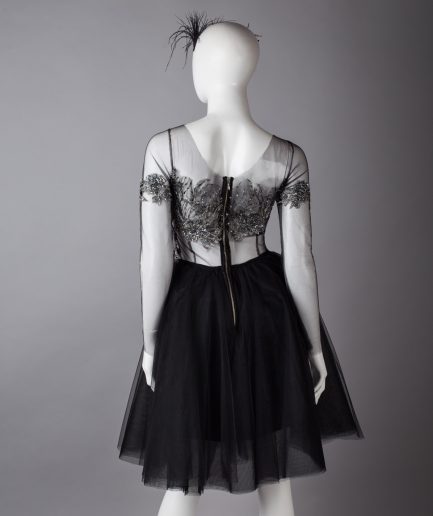 Sinestezic | Romanian Designer | Fashion Brand | Black Swan Midi Evening Dress | Little Black Dress | Midi evening dress | Black elegant midi evening dress with silver lace